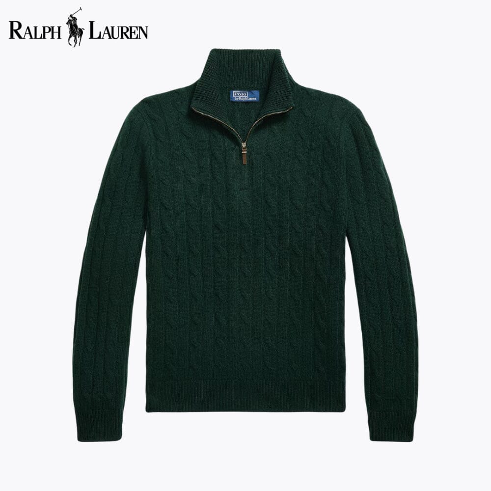 Herren-Kaschmirpullover mit Zopfmuster und kurzem Reißverschluss